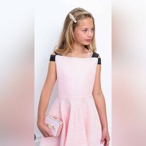 David Charles Pink Textured Fit-and-Flare Dress with Black Strap Detail